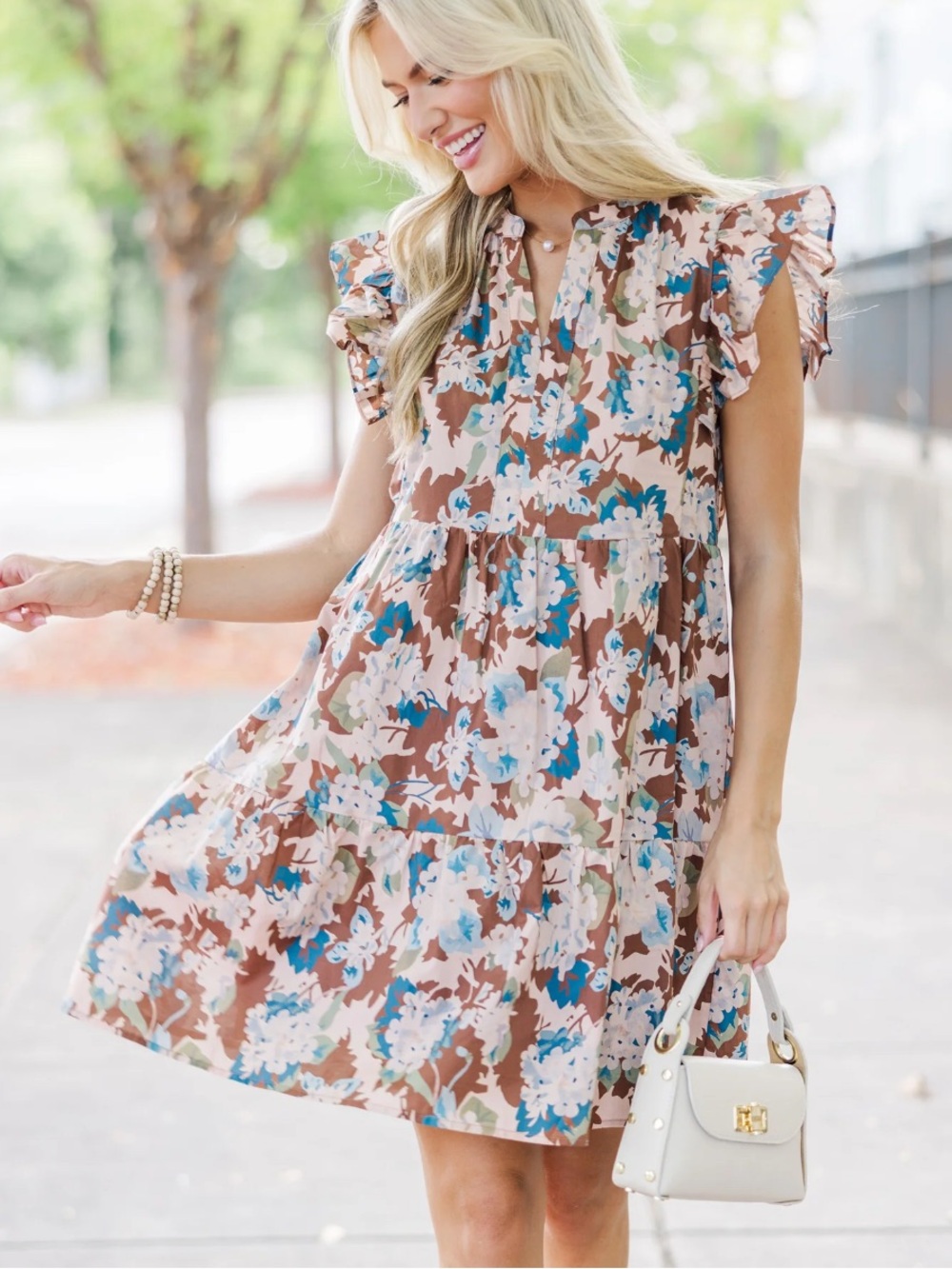 Floral Ruffle Sleeve Mini Dress in Brown and Blue